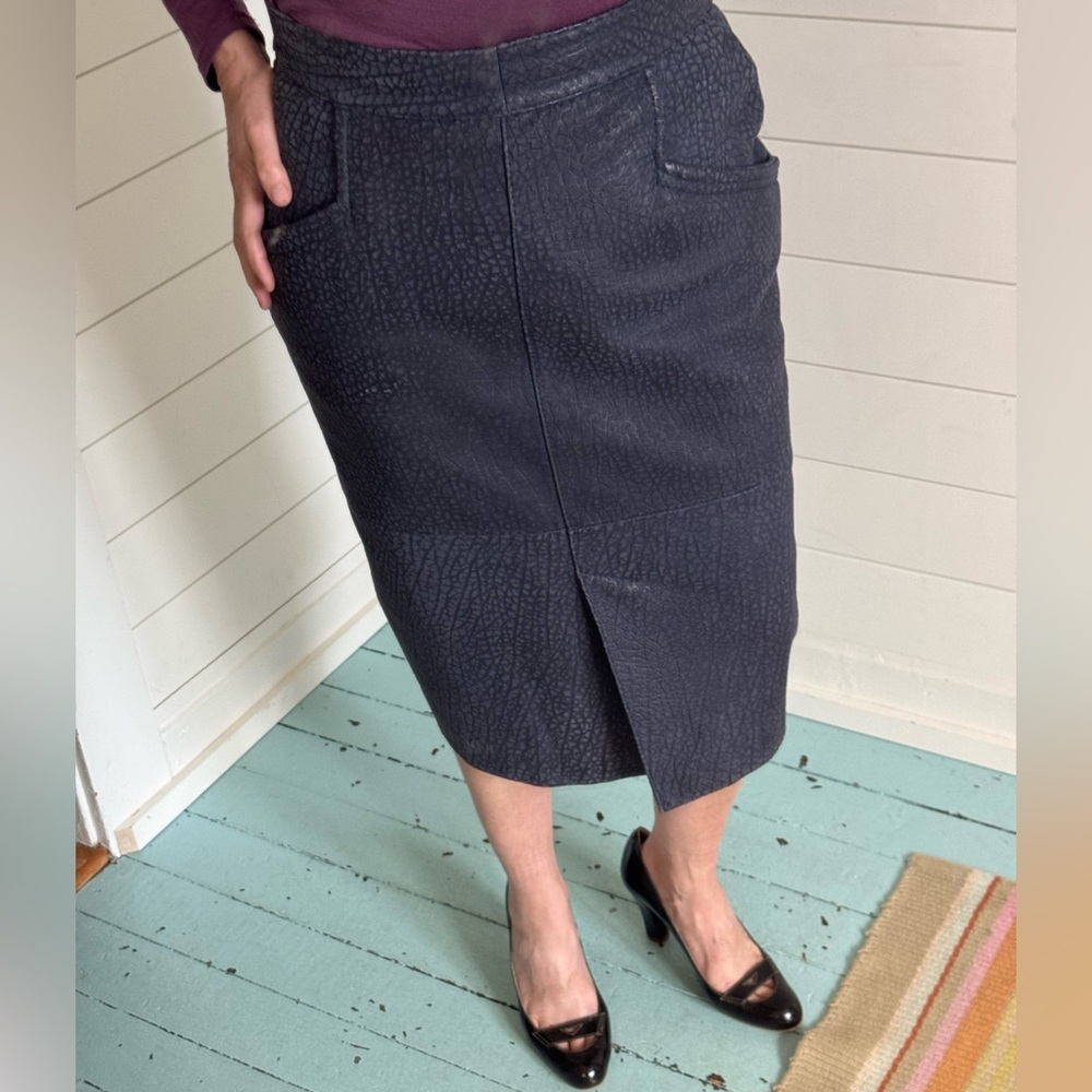Vintage Leather Pencil Skirt Lined Pickets Slit Grey Blue Size 12 Measures 6